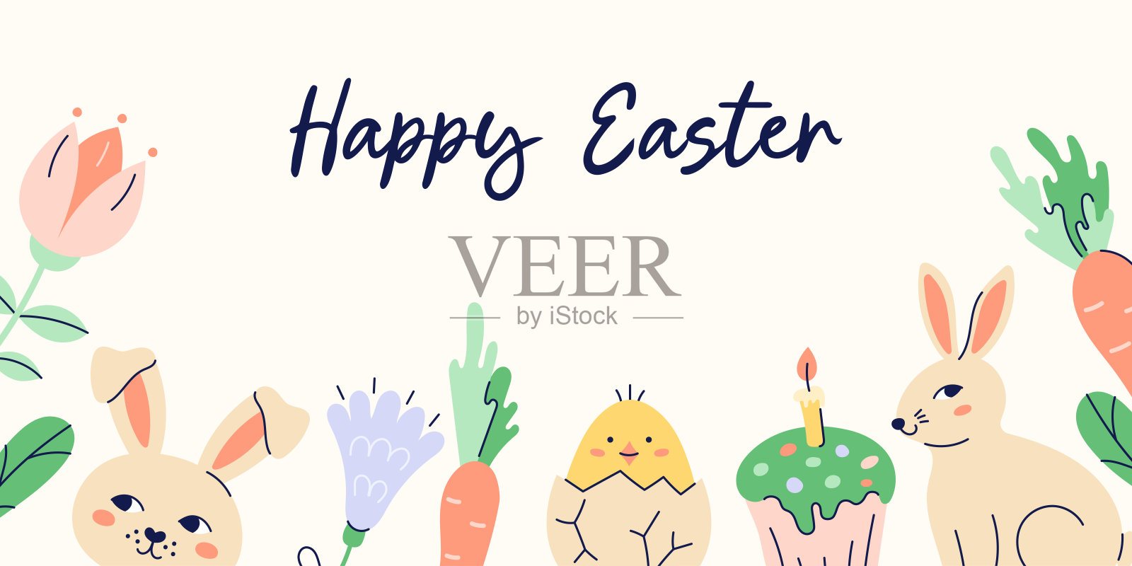 带有兔子、鸡和底边花朵的快乐复活节横幅，背景为米色。设计包含文字。手绘的快乐复活节贺卡。带有部分轮廓的平面插图。矢量插图。插画图片素材