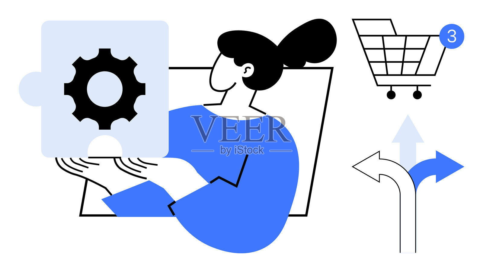 女性手持齿轮拼图块，旁边有购物车、通知和方向箭头插画图片素材