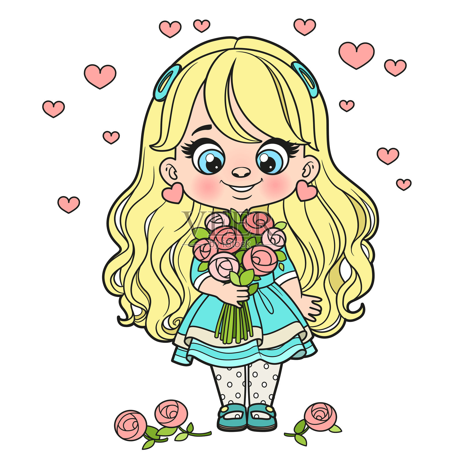 可爱的长发卡通女孩手捧一大束玫瑰花，适合在白色背景上进行涂色的色彩变化插画图片素材