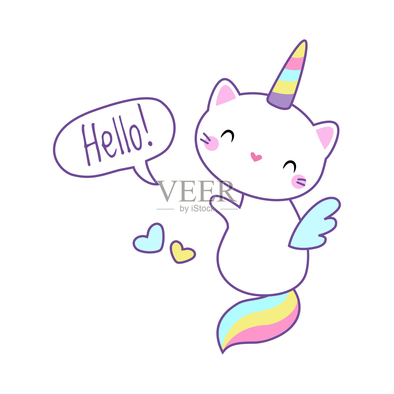 独角兽猫角色，带有彩虹尾巴和角的矢量插图插画图片素材