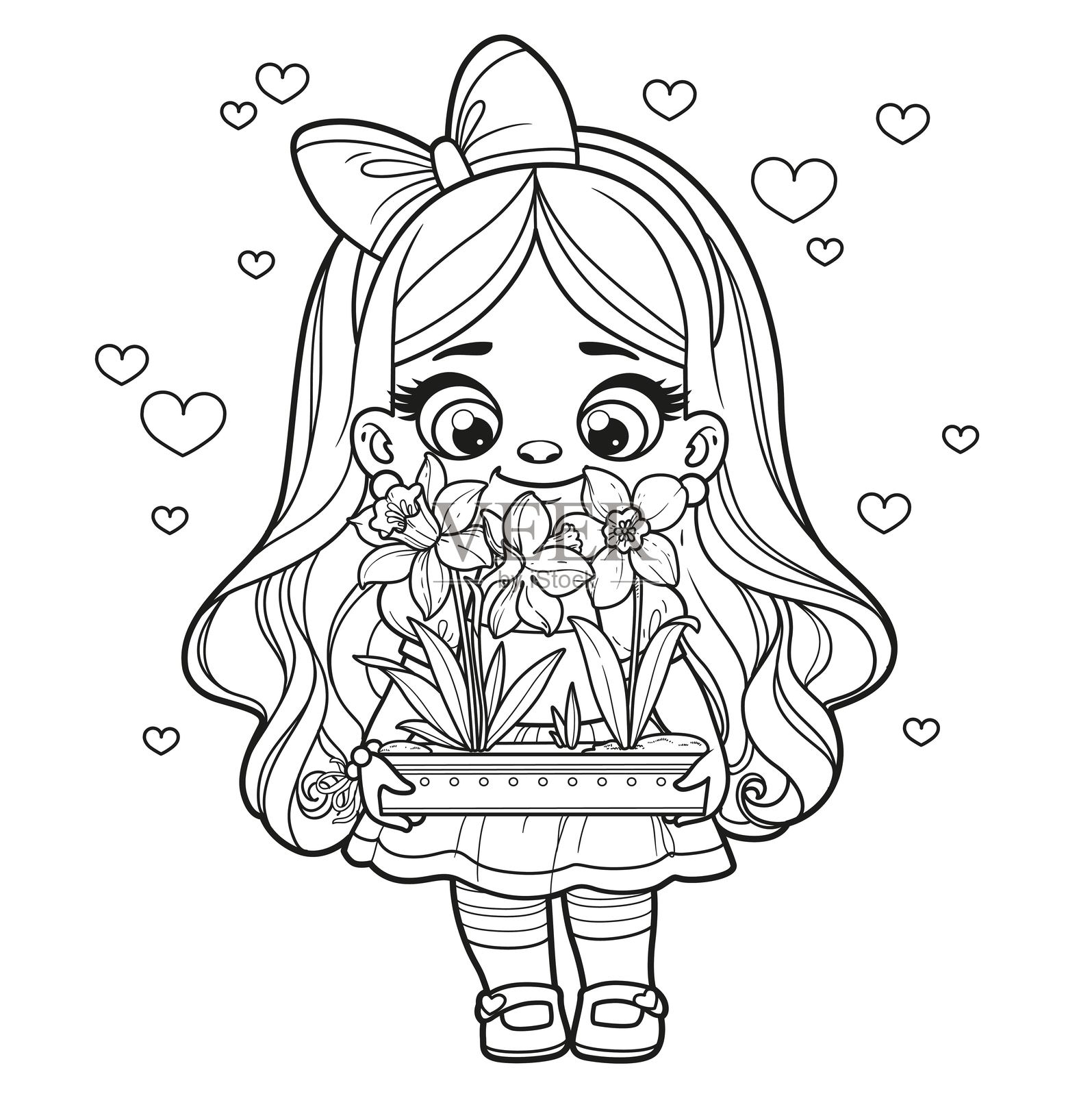 可爱的卡通长发女孩手里拿着一个装有水仙花的长花盆，轮廓适合涂色，背景为白色。插画图片素材