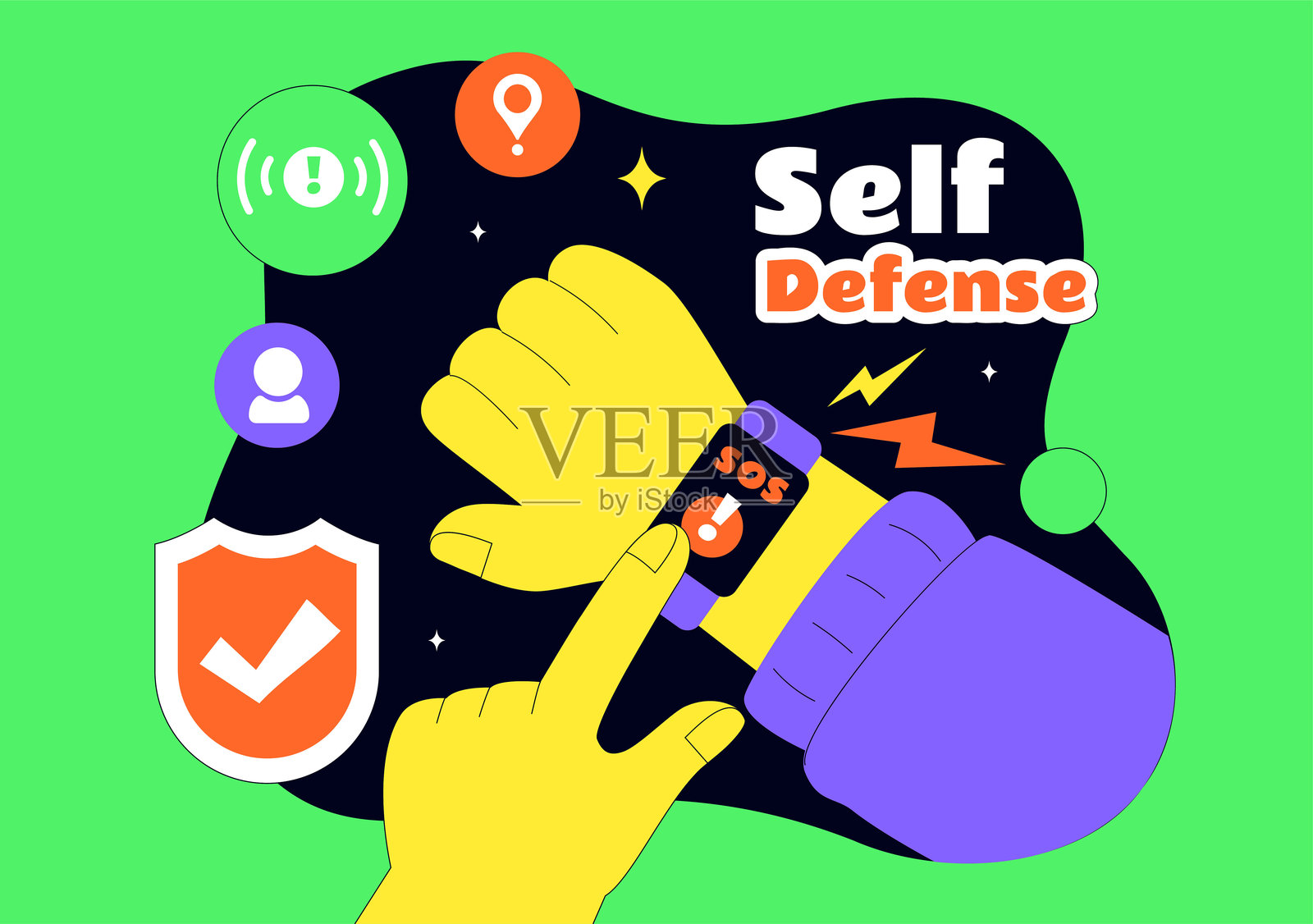 自卫矢量插图，展示各种类型的防护装备，以应对危险或威胁，背景为平面风格卡通。插画图片素材