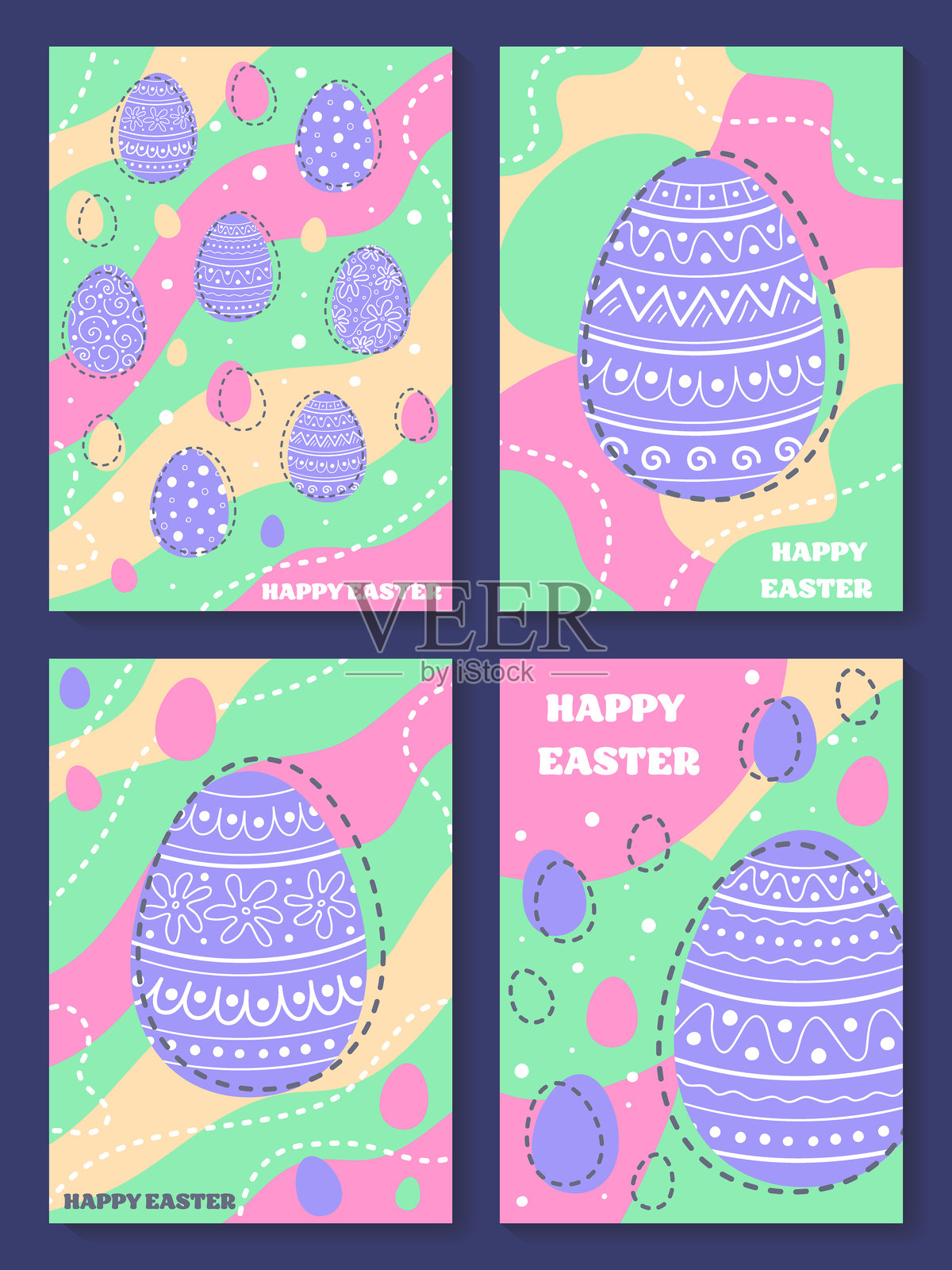 手绘复活节彩蛋。卡通风格的抽象复活节贺卡套装。矢量插图插画图片素材
