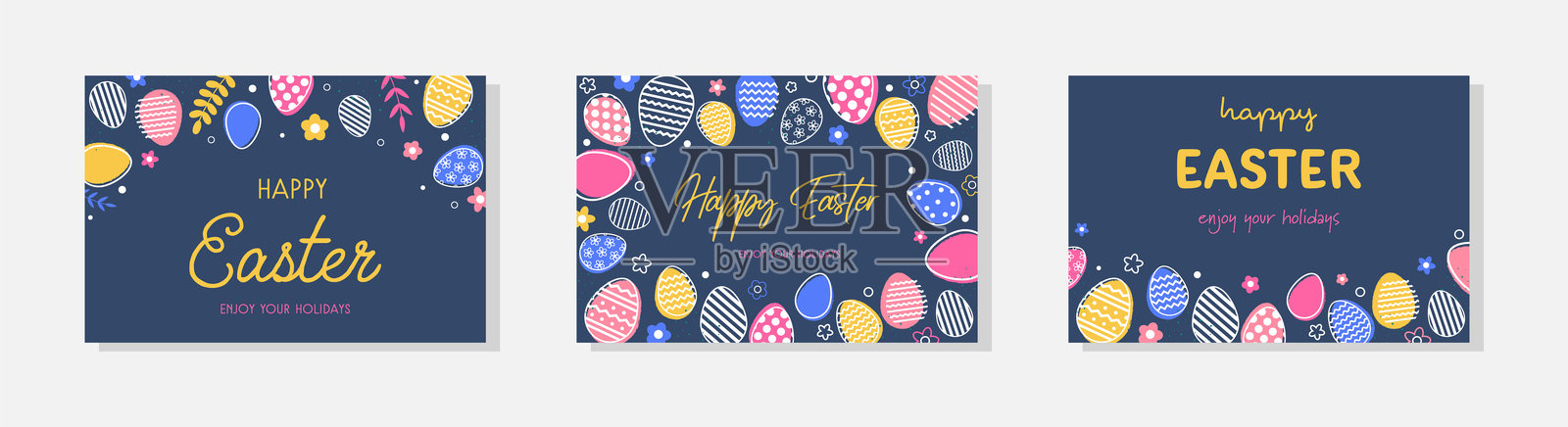 快乐的复活节。现代简约风格的贺卡概念。背景有复活节彩蛋。合集。矢量插图。插画图片素材