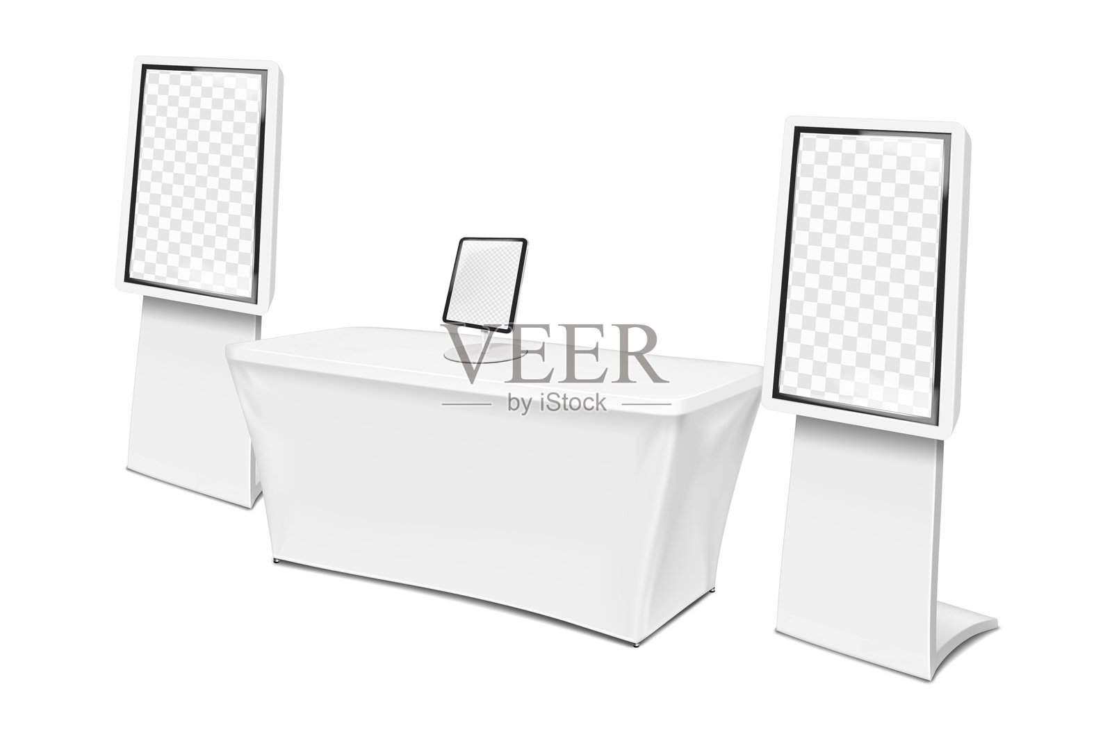 展览设置模板。展会用空白白色拉伸桌布，适用于品牌设计，桌面数字平板支架，互动触摸屏自助服务机落地支架。模型。展会工具包。矢量模型。插画图片素材