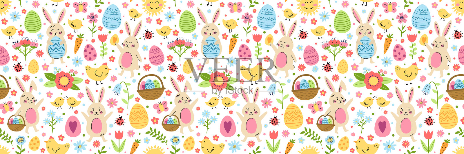 复活节无缝图案，包含可爱的兔子、彩蛋、小鸡和花朵。卡通风格背景。矢量插图。插画图片素材