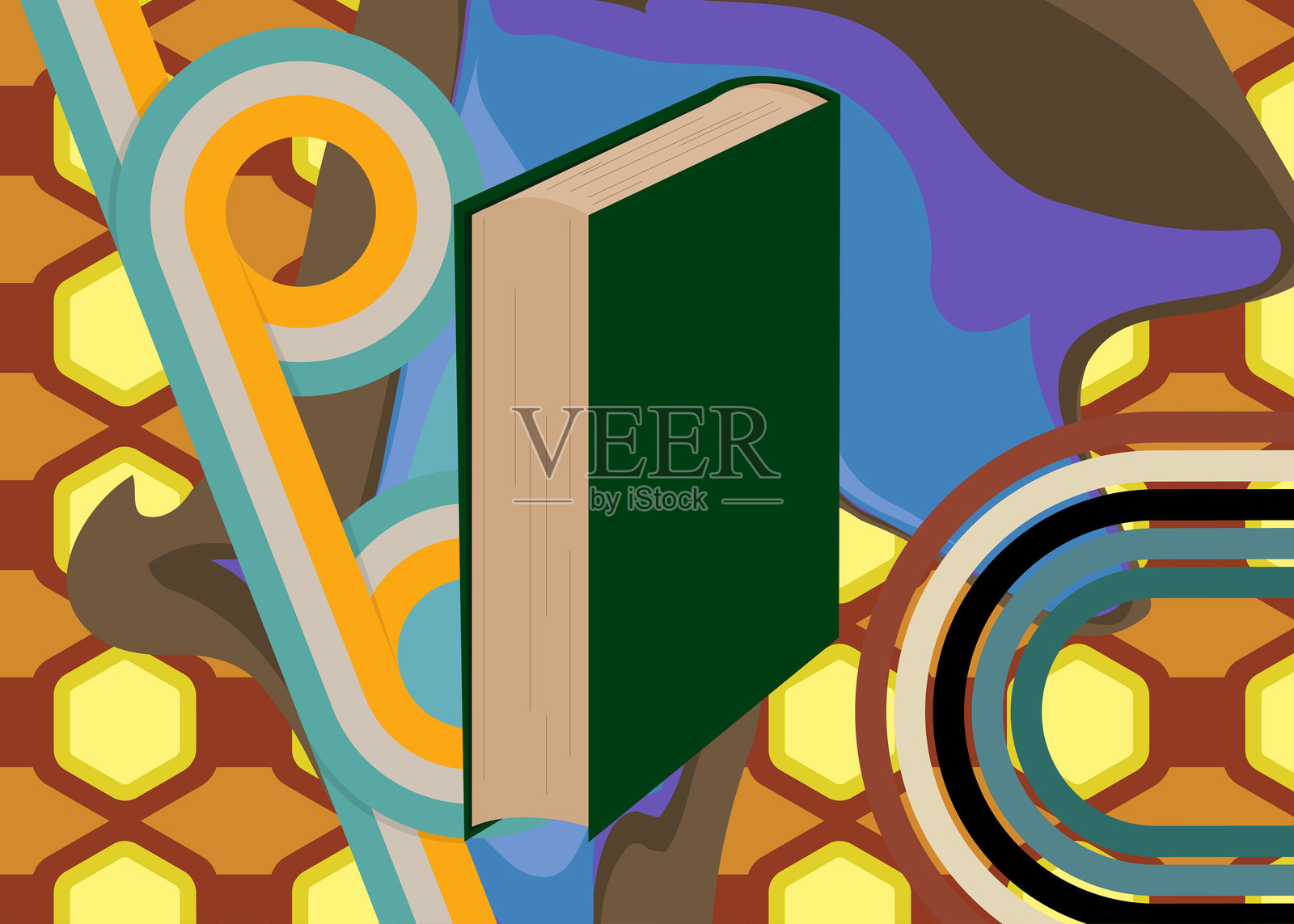 复古70年代背景与书籍。时髦的教育1970年代艺术模板。极简复古设计海报。老式色彩艺术作品。插画图片素材