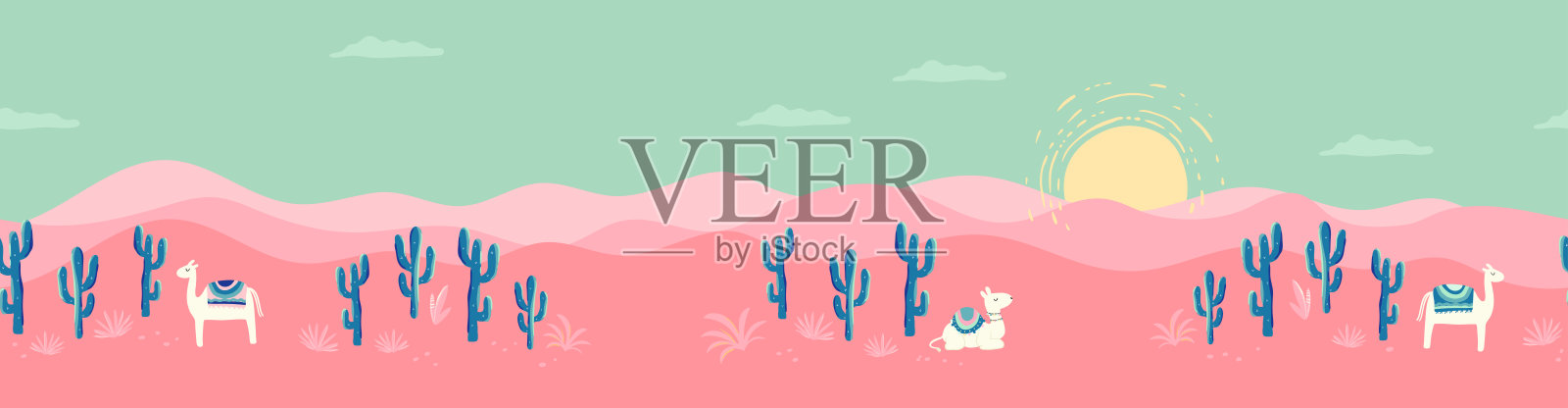 手绘仙人掌无缝图案，配有沙漠背景，充满活力的夏季设计，非常适合用于纺织品、横幅、壁纸和包装 - 矢量图插画图片素材