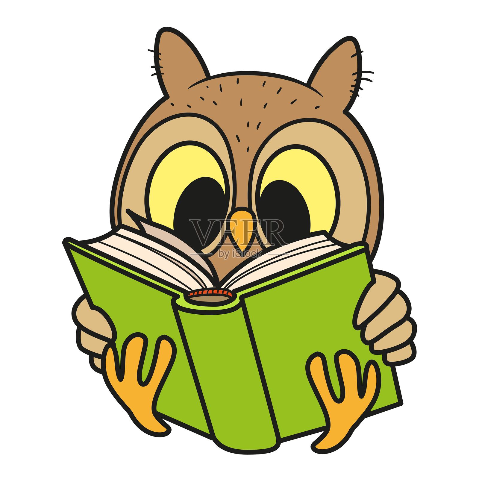 可爱的卡通小猫头鹰坐着阅读一本书，背景为白色。插画图片素材