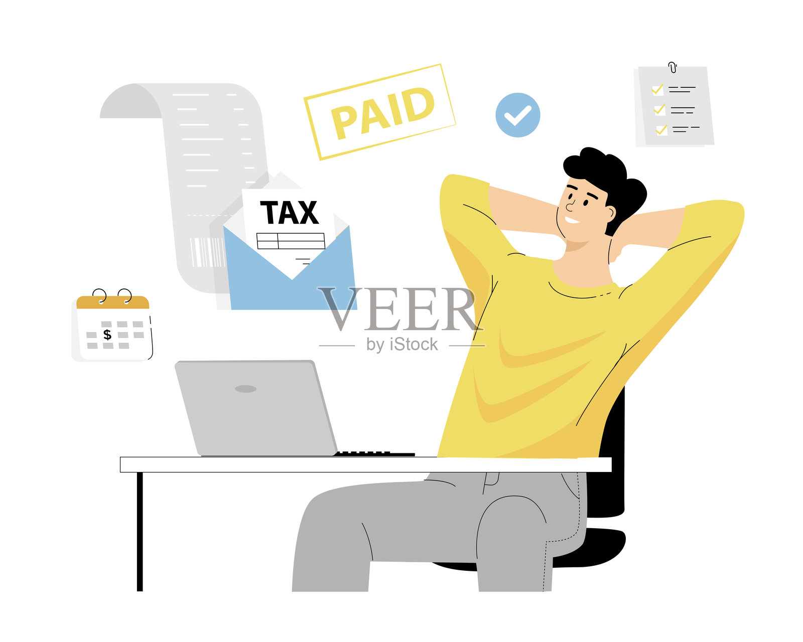 商人缴税概念。税费支付。开心的男人手持已缴印章的账单、税表、日历和清单。矢量插图，背景为白色。插画图片素材