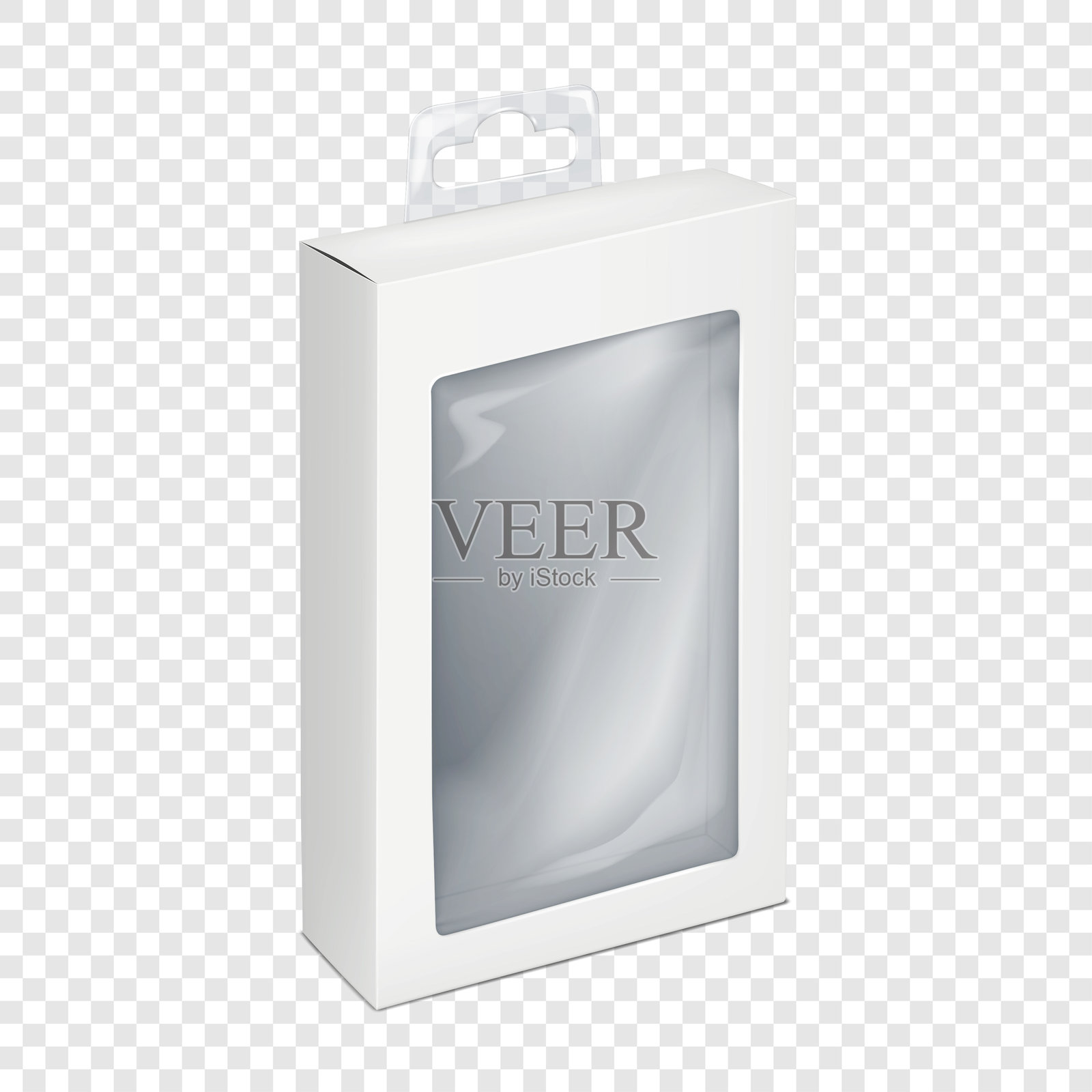 白色空白竖直窄纸盒，带透明塑料窗，插入式翻盖，欧元孔标签。3D模型。悬挂透明前纸板容器。逼真的矢量模型。模板插画图片素材