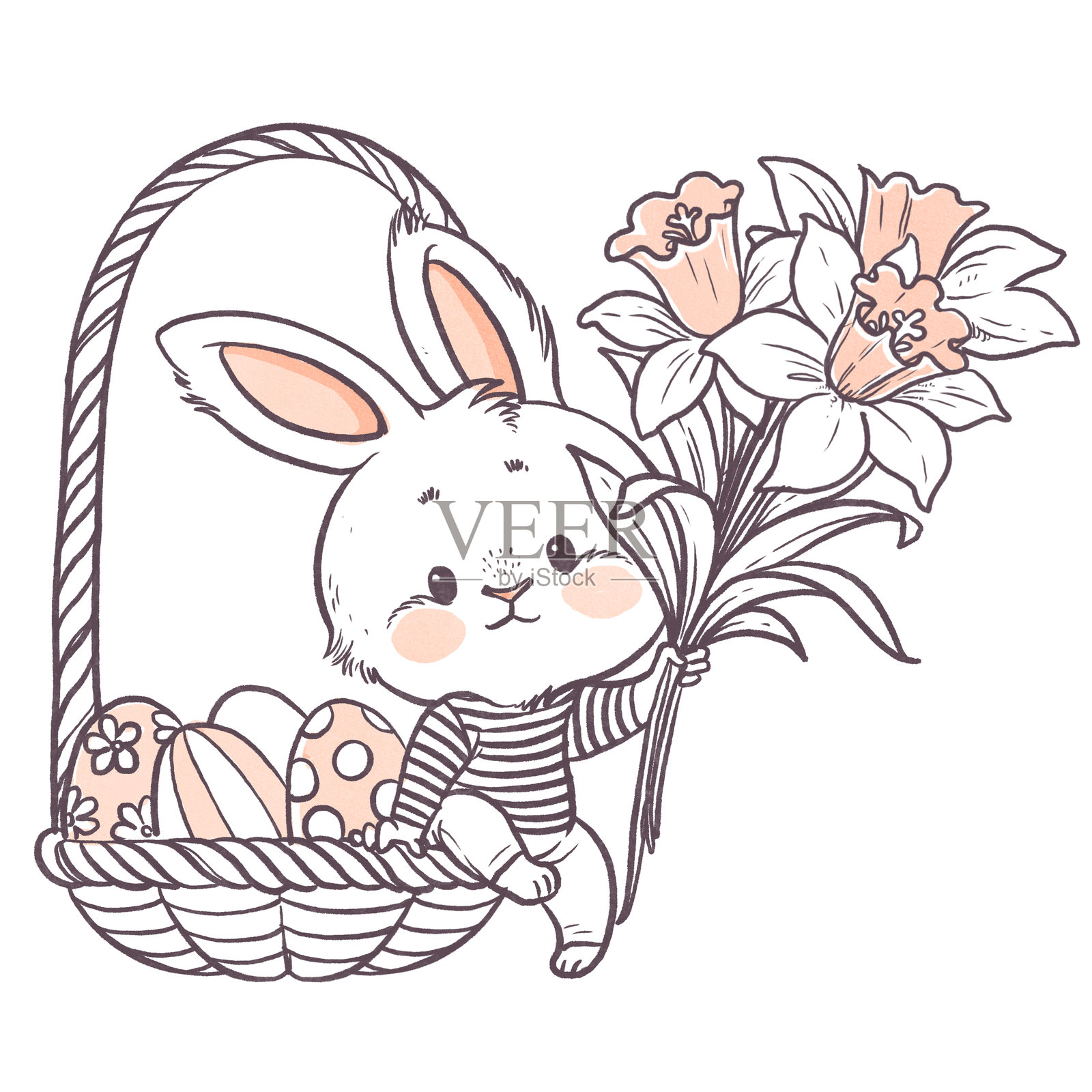 可爱的卡通兔子，手里拿着装饰复活节彩蛋的篮子和一大束水仙花。插画图片素材