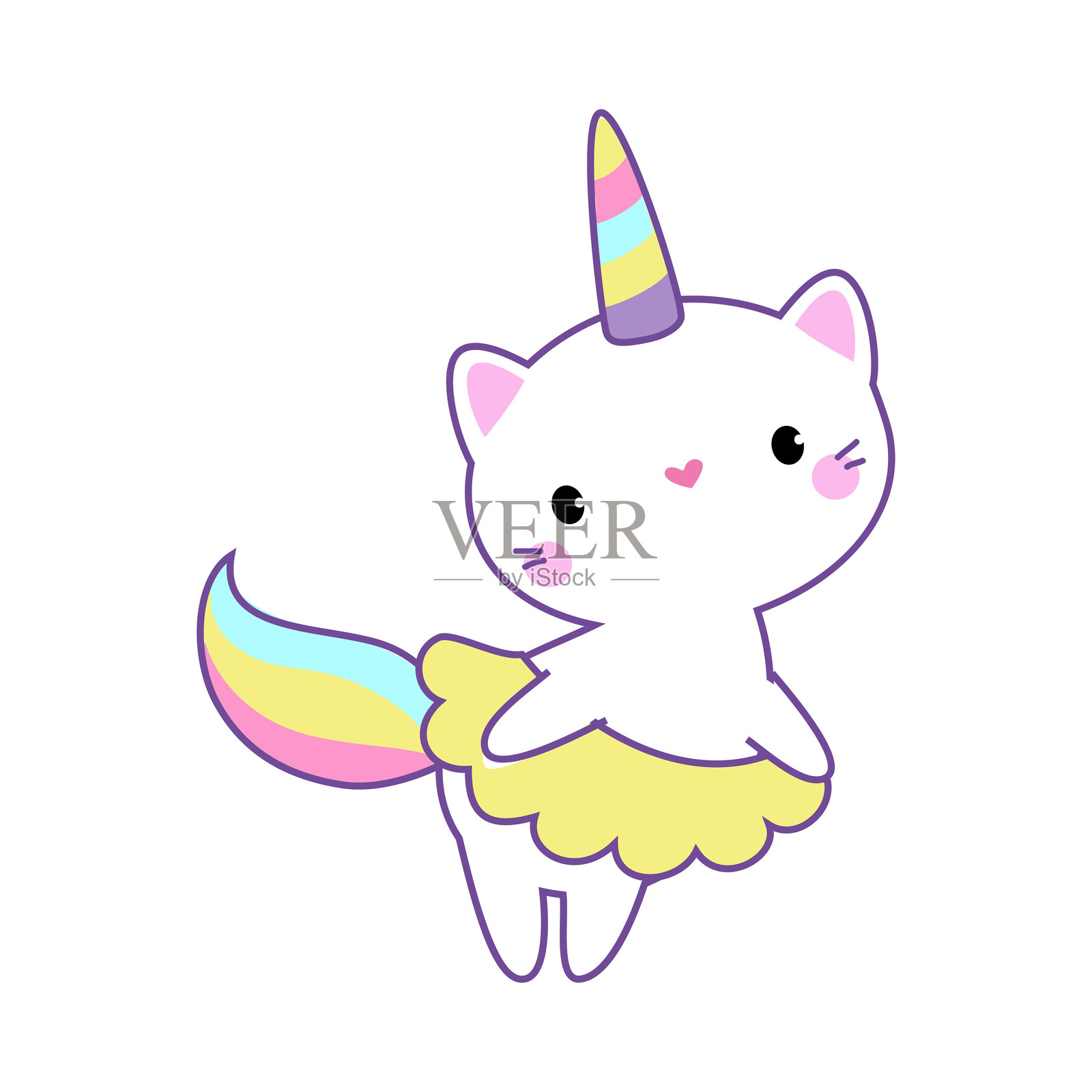 独角兽猫角色，带有彩虹尾巴和角的矢量插图插画图片素材