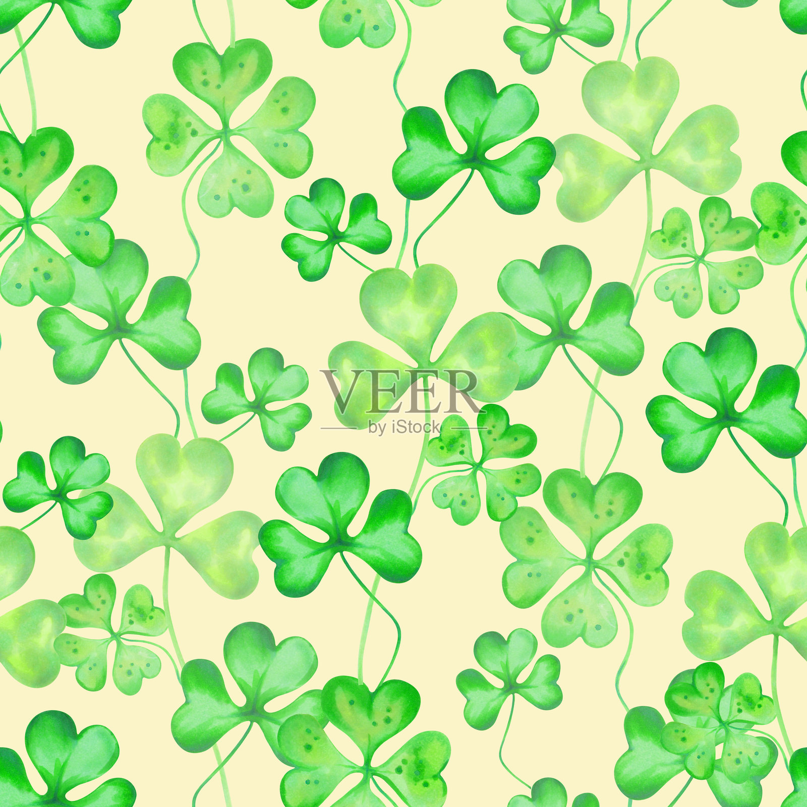 三叶草和四叶草的花瓣。无缝图案。水彩和马克笔插图。手绘的圣帕特里克节爱尔兰象征。用于包装、面料、纺织的独立设计背景。插画图片素材