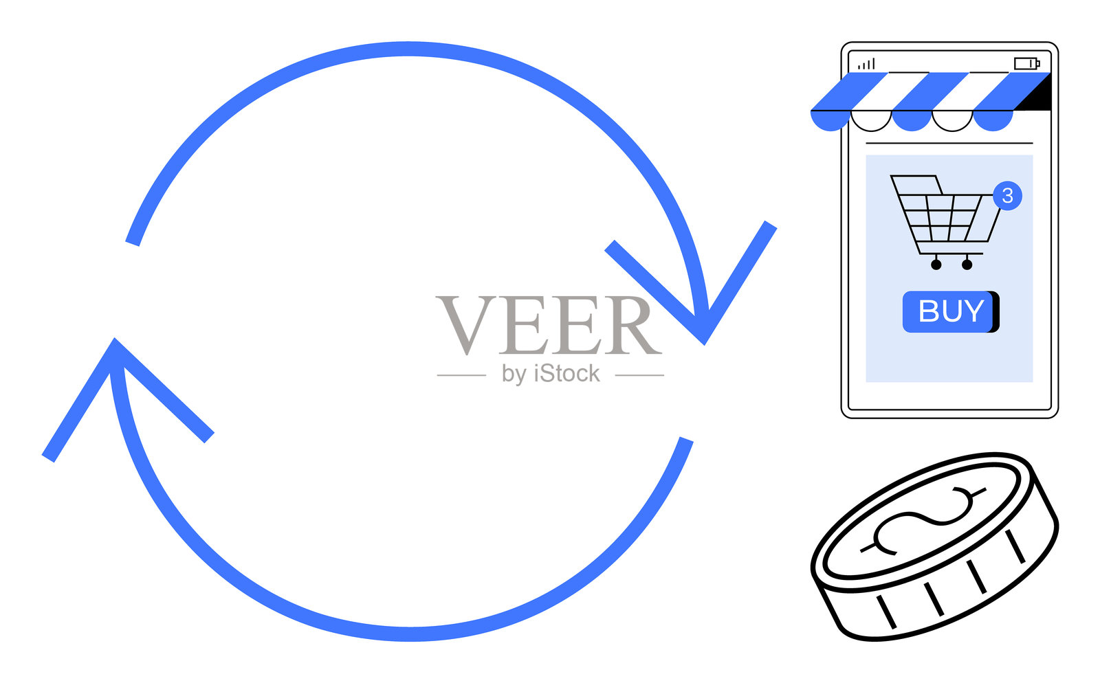 简化的电子商务交易周期图，包含移动支付和购物车图标插画图片素材
