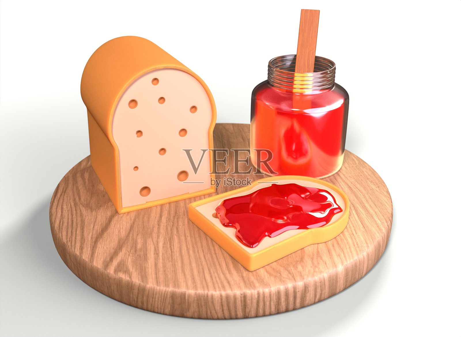 木托盘上放着三明治和一瓶草莓果酱的3D渲染图照片摄影图片