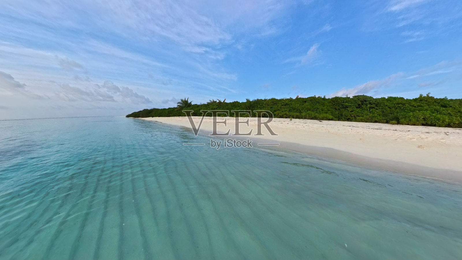 美丽的海滩，清澈的蓝色海洋和郁郁葱葱的森林，位于马尔代夫的迪古哈岛。照片摄影图片