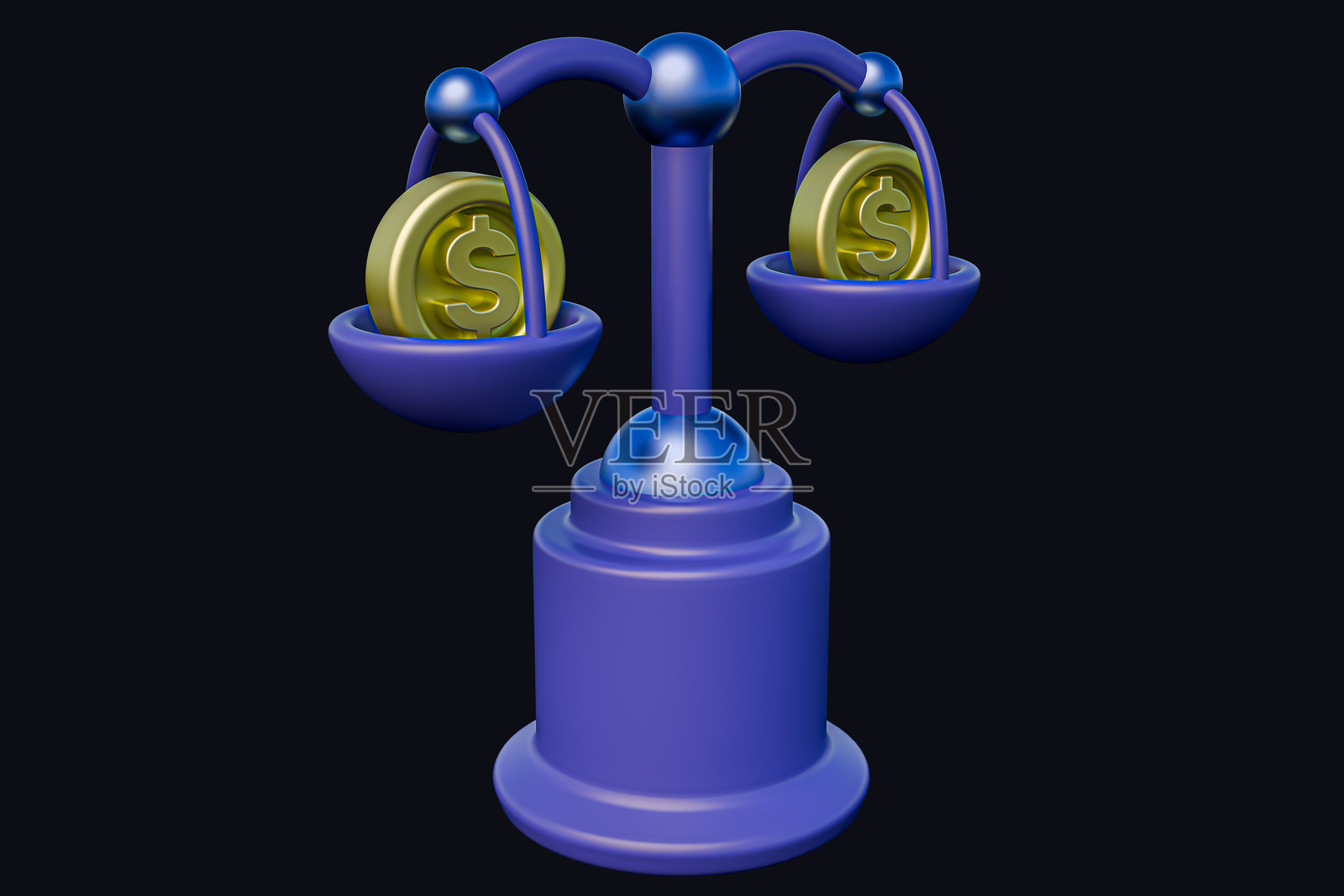 3D逼真的蓝色鳞片与美元硬币和天平照片摄影图片