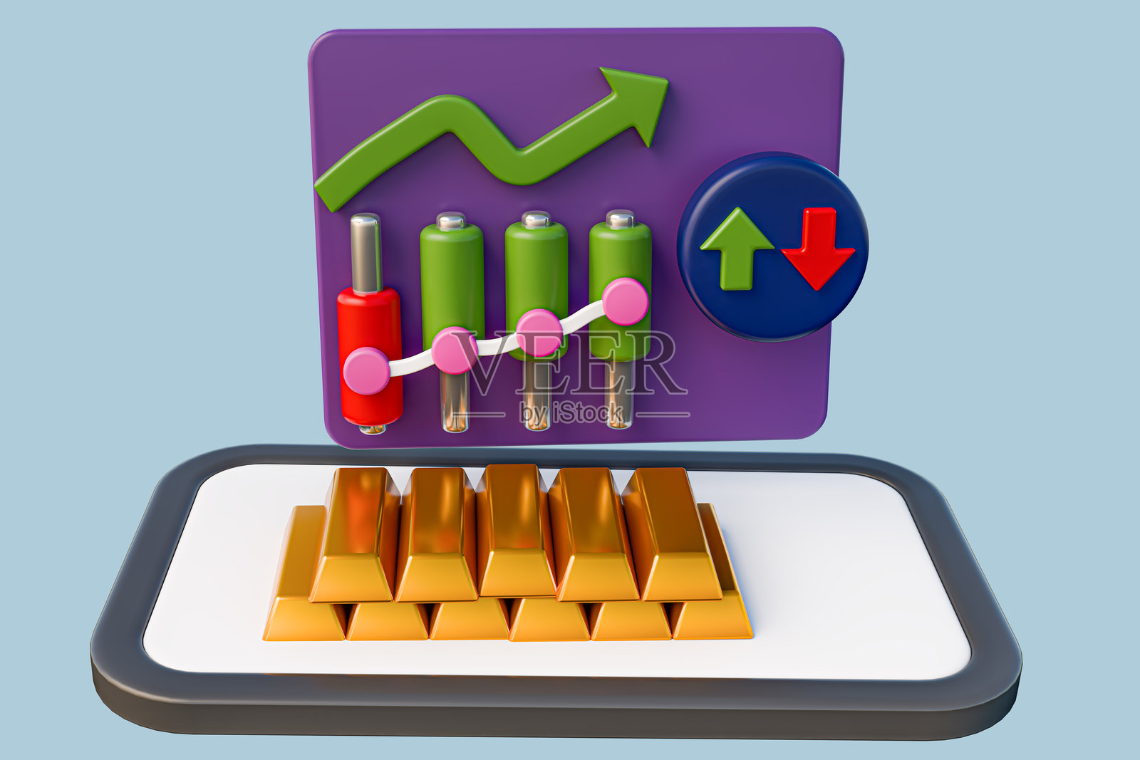 3D渲染，3D真实感，黄金交易应用程序及其增长图表照片摄影图片