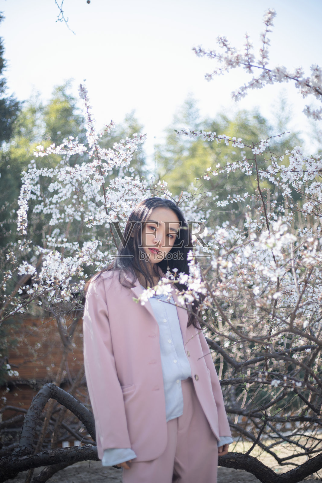 一位美丽的女性在樱花盛开的公园中享受自然生活照片摄影图片