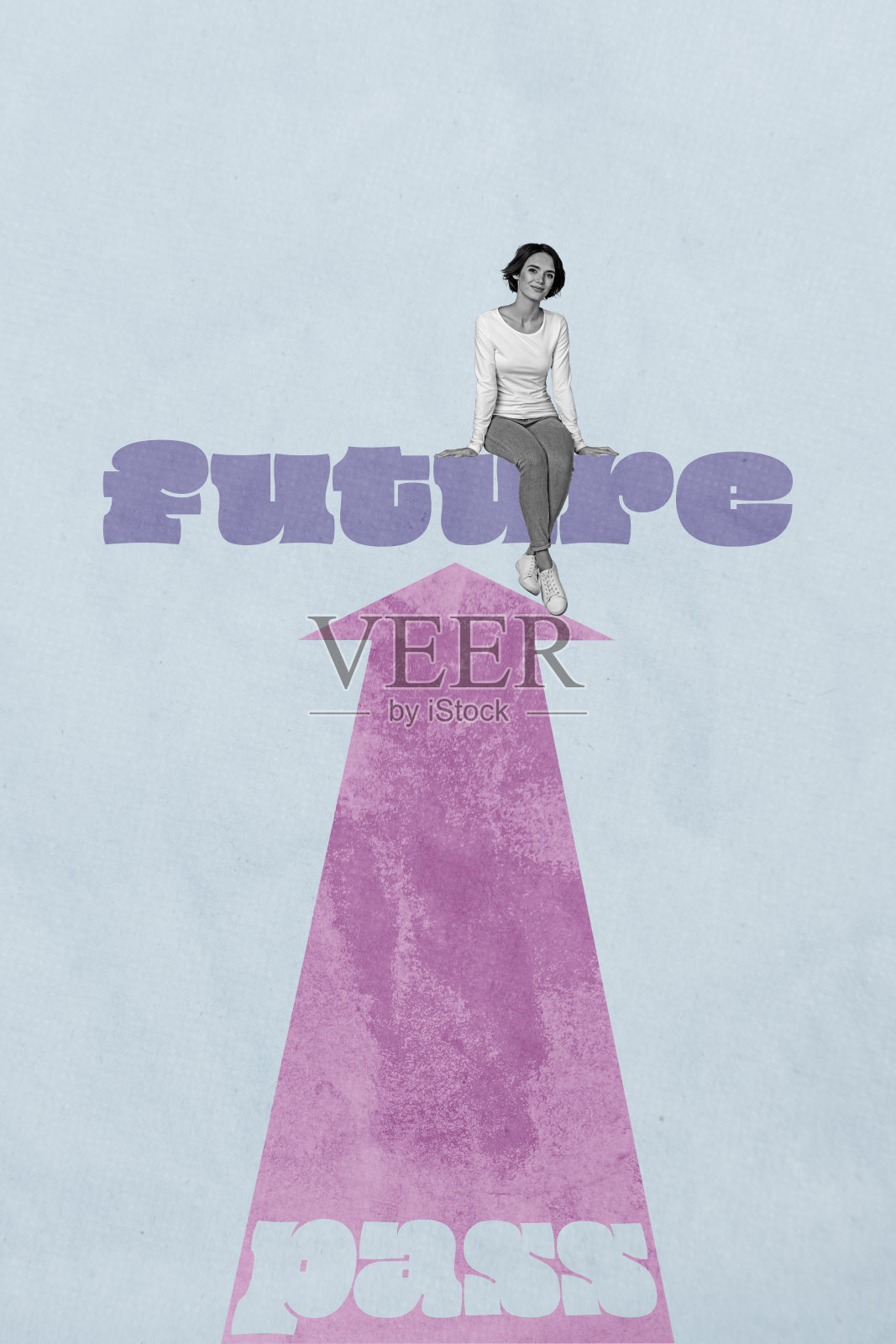 创意艺术作品模板草图，3D拼贴，领导力竞争挑战，成功抱负，年轻女性坐在箭头上，展望未来照片摄影图片