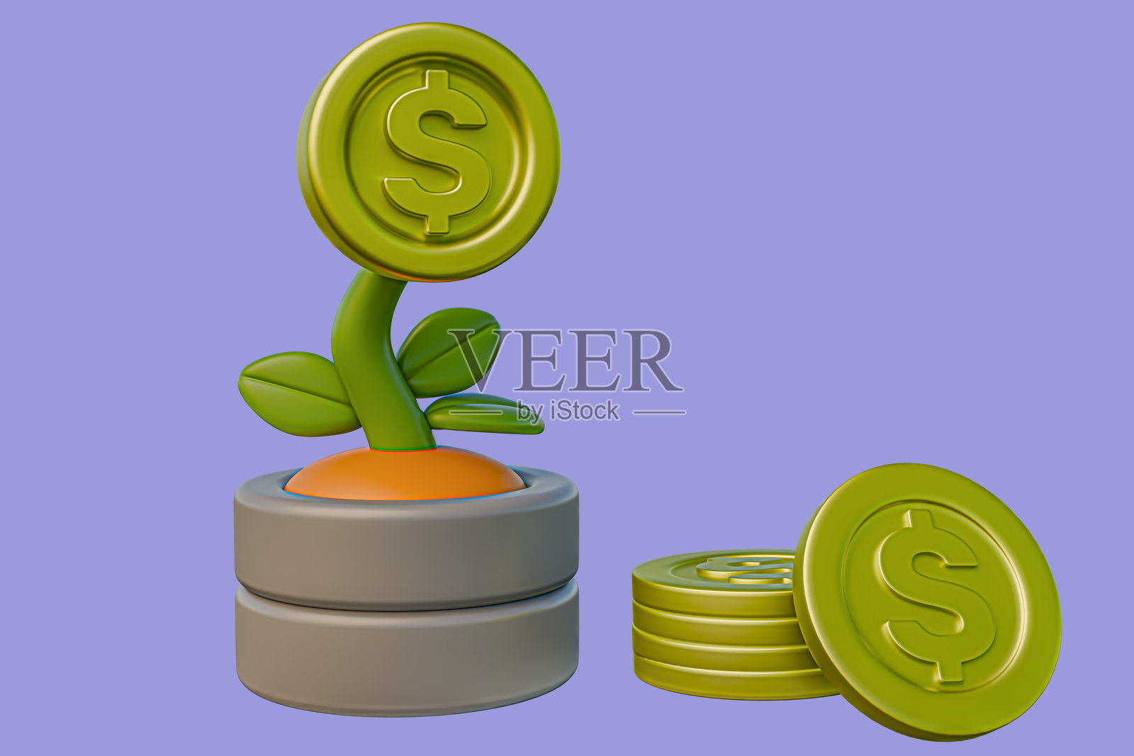 3D美元硬币、金钱树和堆叠的硬币3D图像照片摄影图片