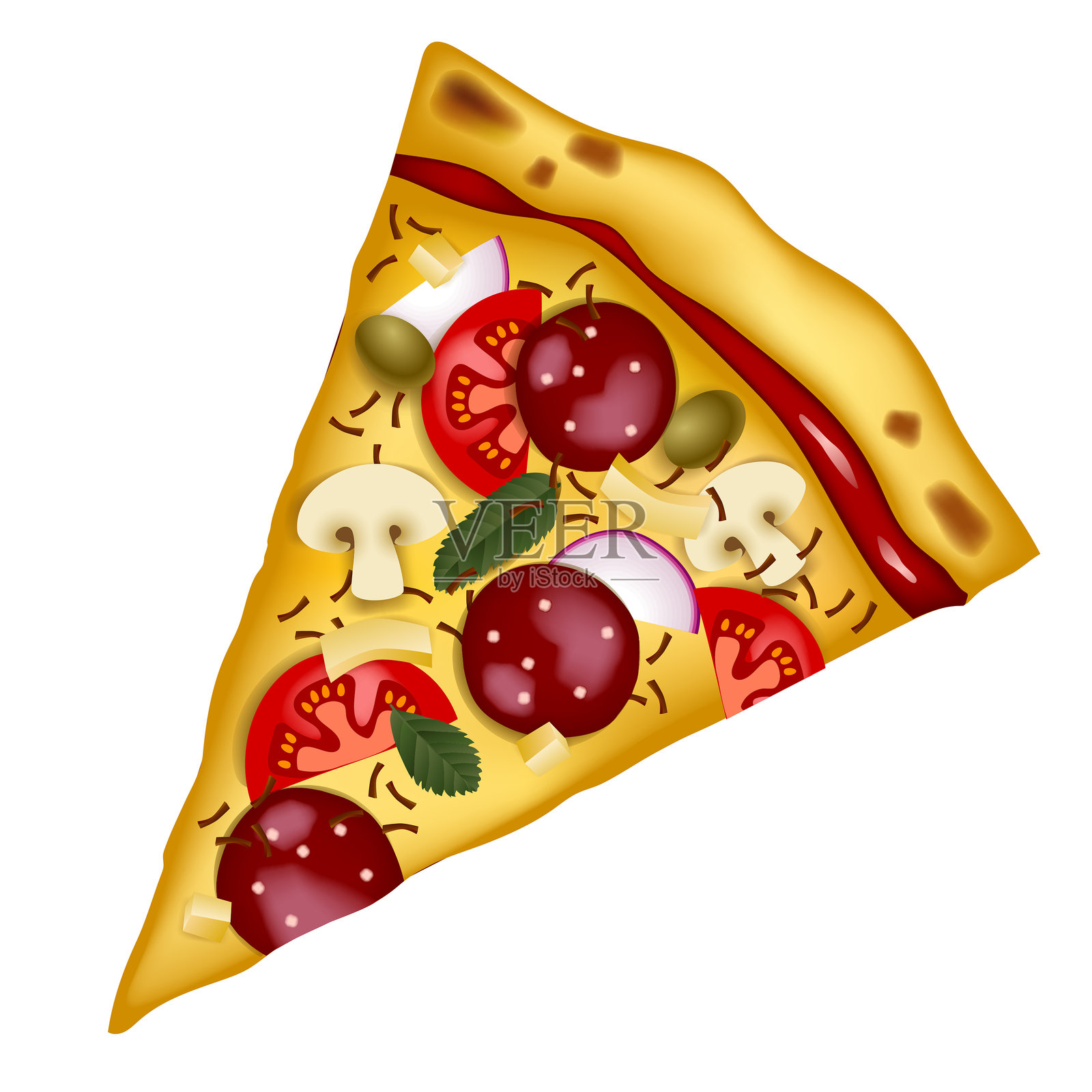 色彩丰富的绘画，切片披萨，上面有番茄、香肠、蘑菇和奶酪，背景为白色。插画图片素材