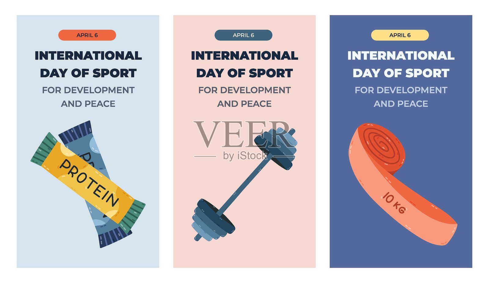 国际体育发展与和平日的垂直时尚故事集，包含拉伸和健美的剪贴画。适合社交媒体的节日海报，展示蛋白质棒、杠铃和普拉提带。插画图片素材