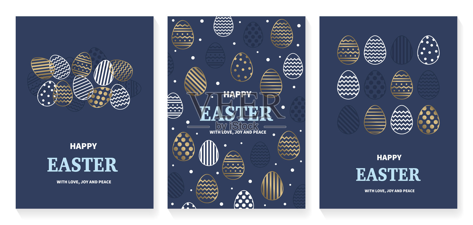 简约的复活节贺卡，配有金色彩蛋。优雅的设计。套装。矢量插图。插画图片素材