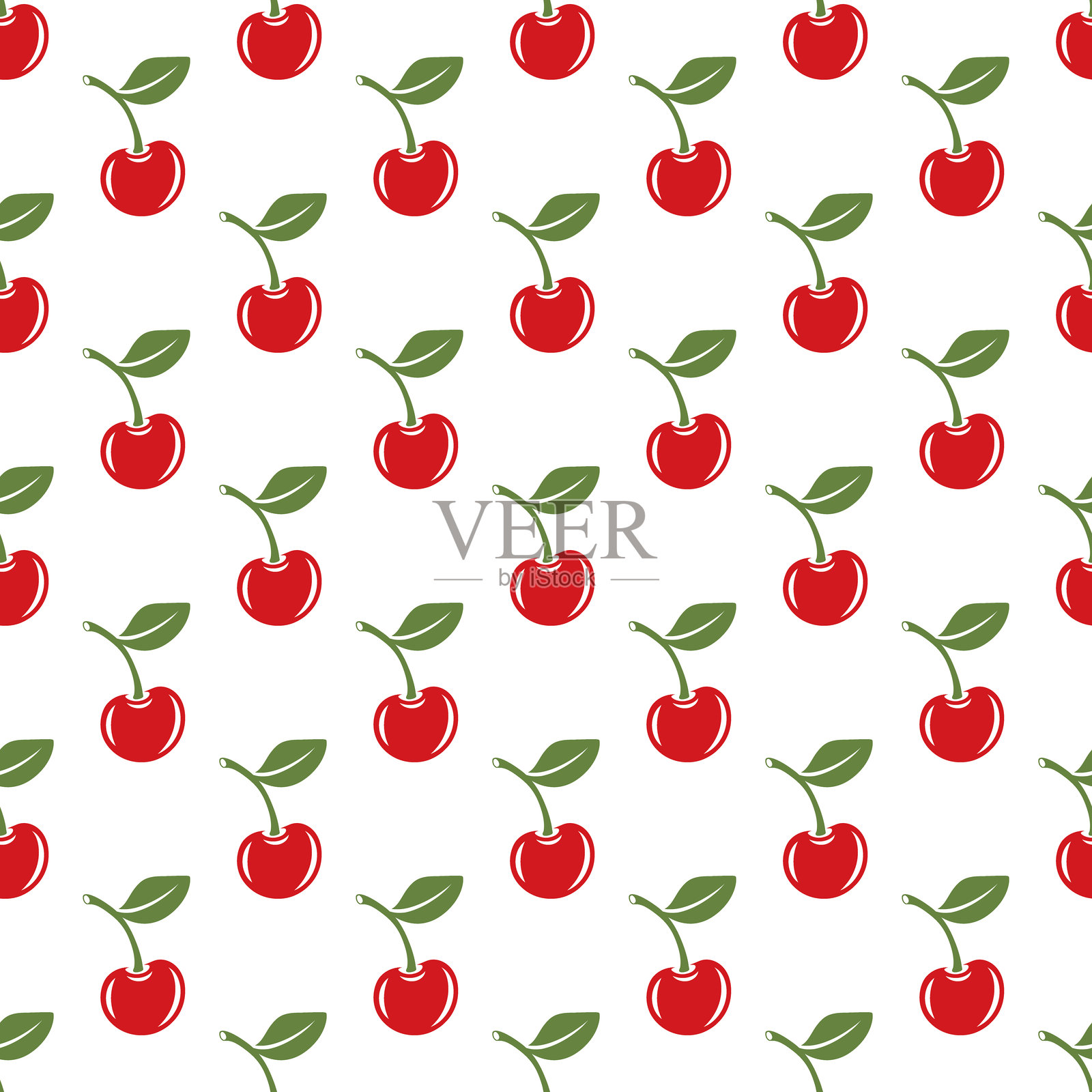 带有切口樱桃的无缝矢量图案。单个、成对樱桃和带叶子的樱桃簇，重复印刷。樱桃艺术，设计模板，矢量插图。插画图片素材