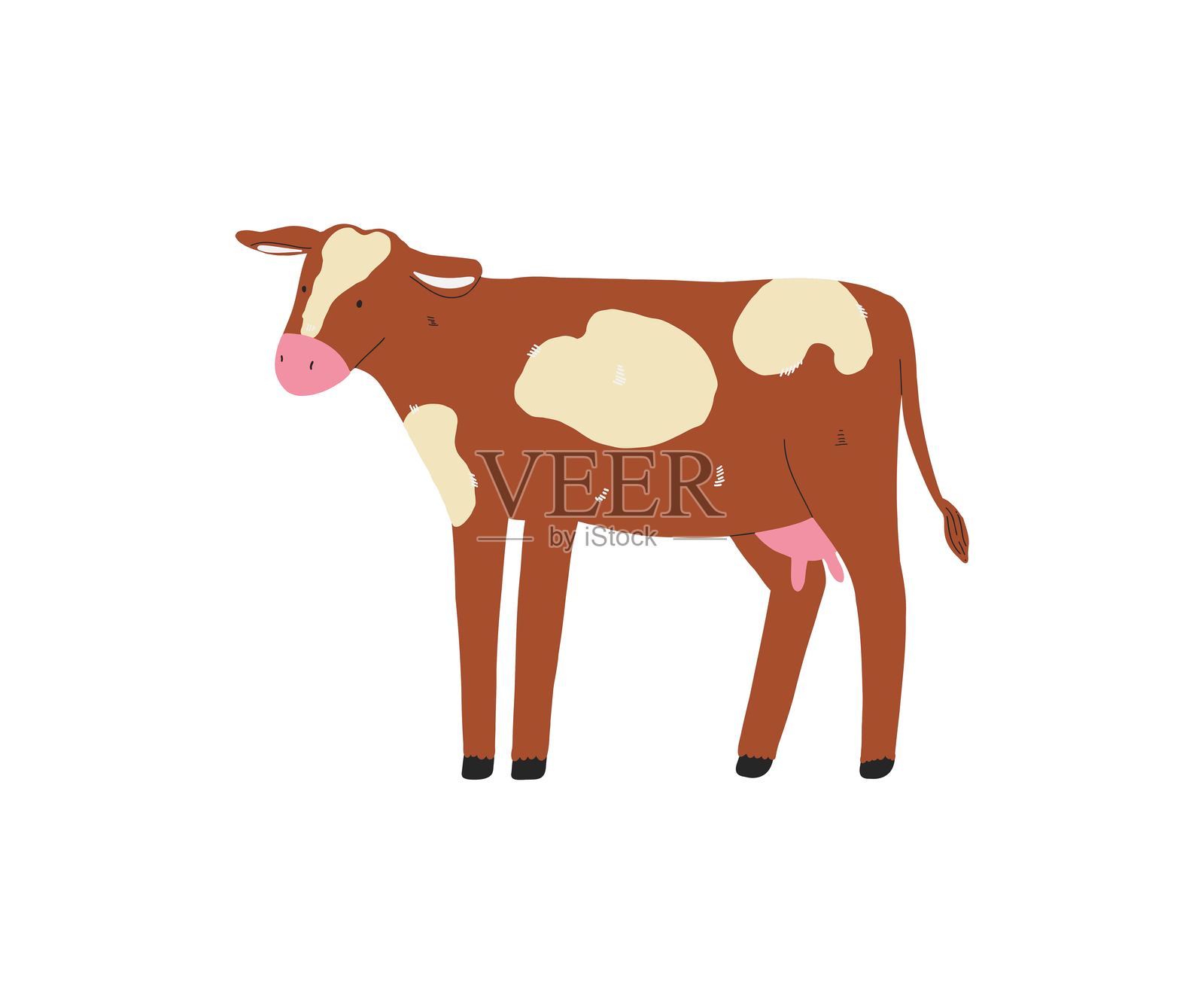 一座温馨的红砖房子，黑色屋顶和前门，非常适合农场或乡村插图。插画图片素材