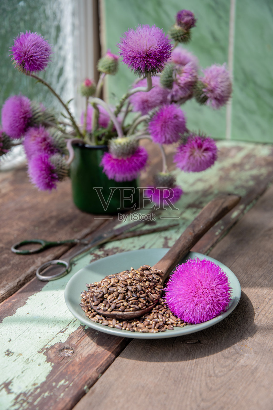 牛奶蓟种子散落在木盘上，旁边有木勺，花头靠在装有绿色花束的花瓶旁，放在质朴的木质表面上。照片摄影图片