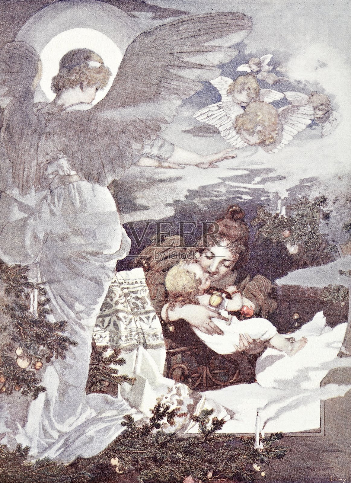 圣诞天使守护着母亲和孩子插画图片素材