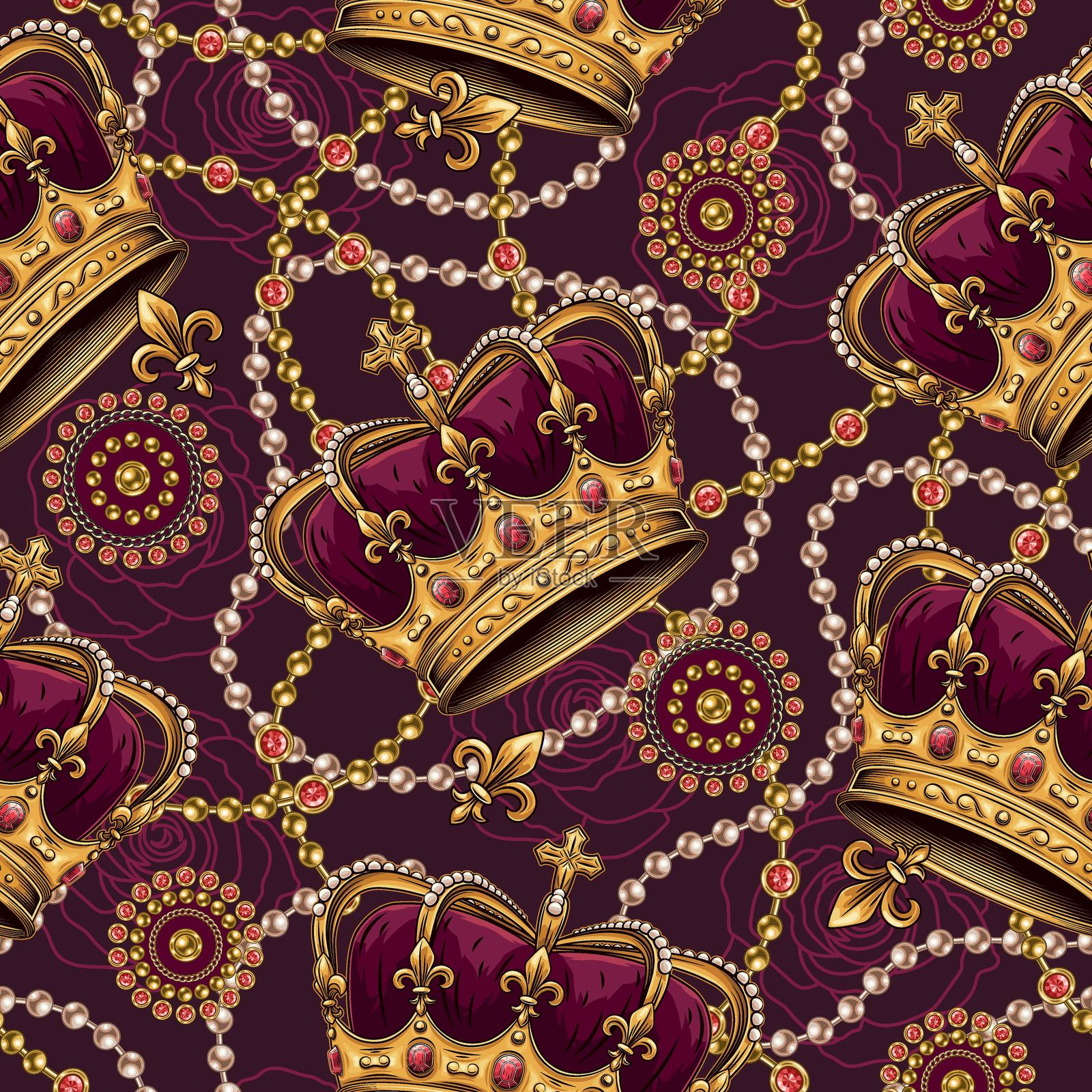 无缝图案，包含金色皇室皇冠、散落的珠宝和珍珠项链。杂乱无章的物品。奢华的流行复古风格。插画图片素材