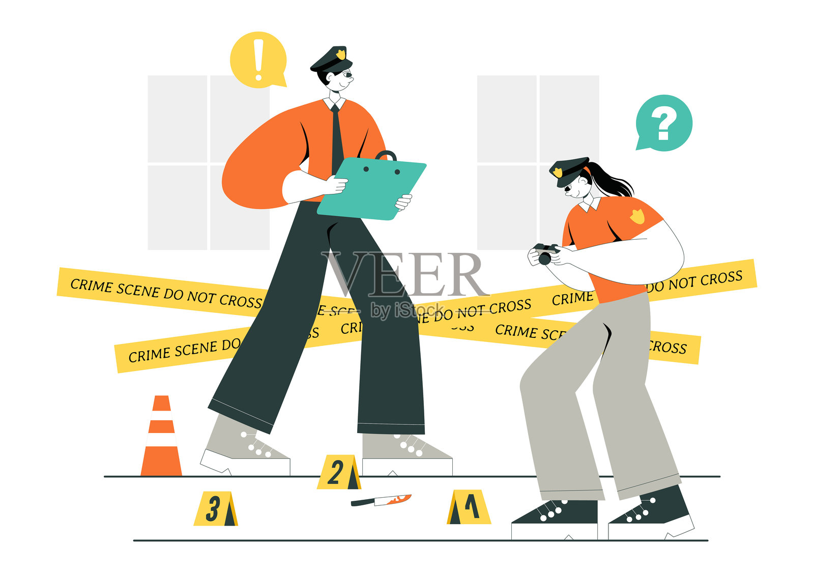 犯罪现场调查插图，展示一组调查人员收集犯罪证据并检查受害者死亡事件。插画图片素材