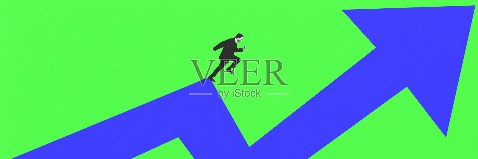 横幅。概念艺术拼贴。商人在绿色背景下沿着金融箭头向上奔跑，象征着快速经济增长。照片摄影图片