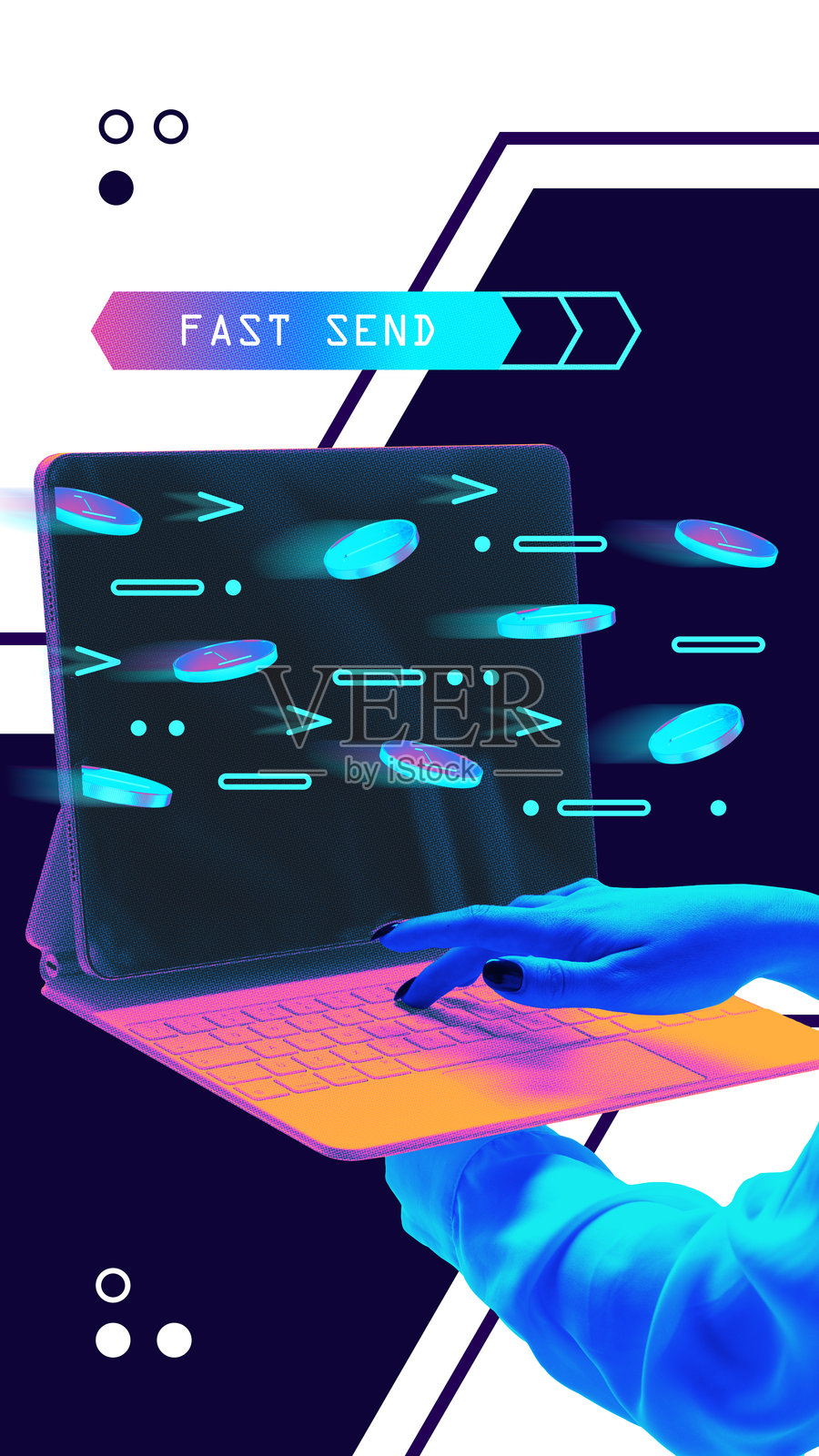 现代艺术拼贴。硬币在笔记本电脑上快速交易网络中流动，强调快速数字支付。照片摄影图片