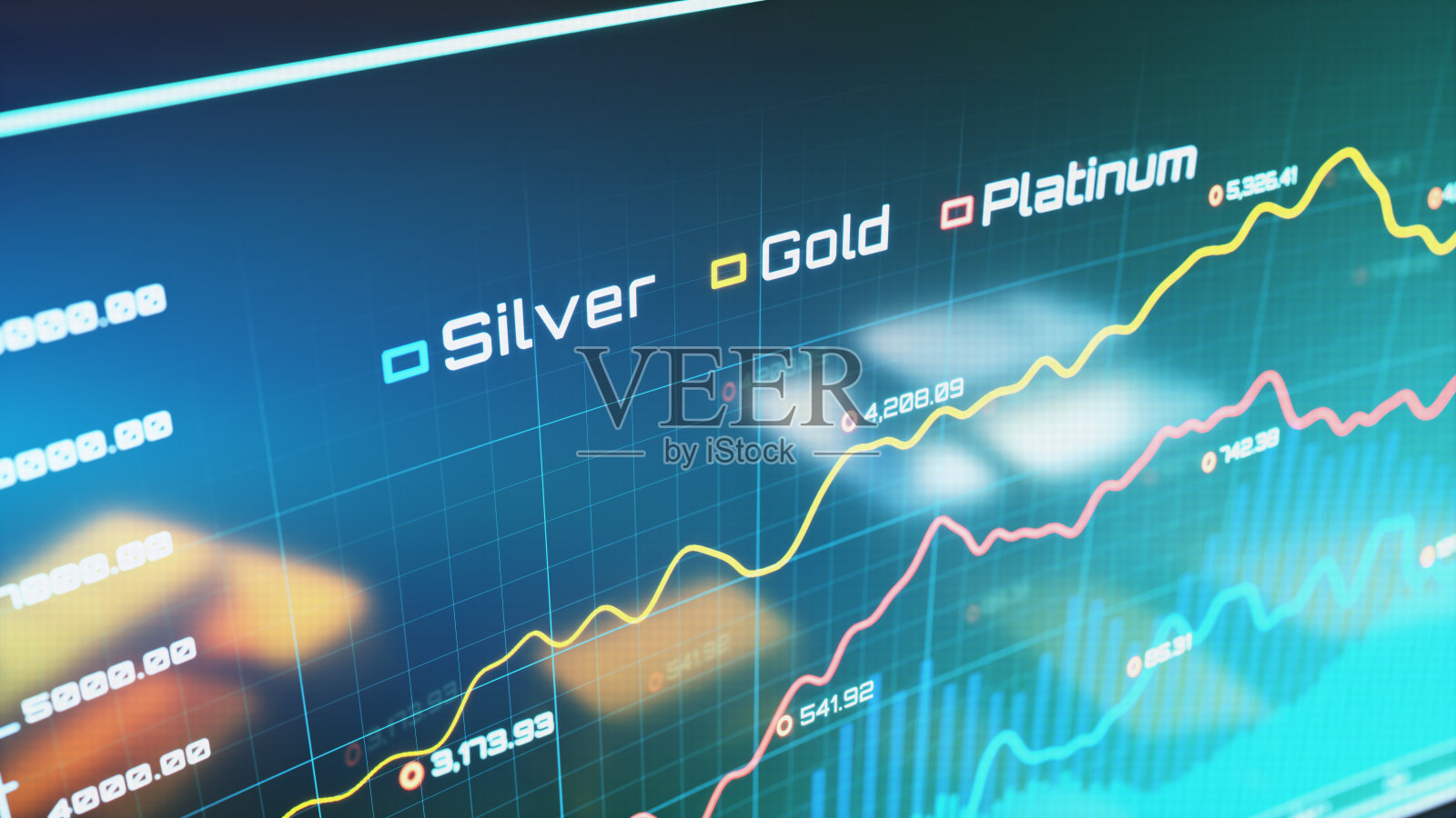 金融交易监视器的特写，显示价格数据、柱状图和稀有金属锭照片摄影图片