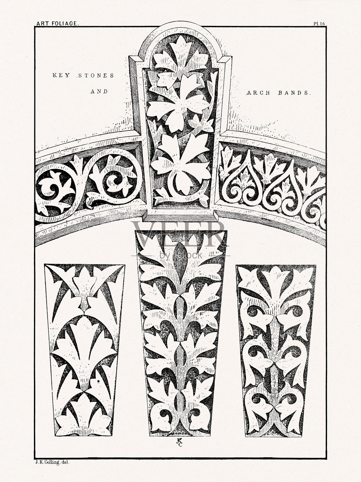 1880年在波士顿出版的书籍中的复古植物装饰插图。建筑植物设计，展示了细致的叶子、花朵和水果。插画图片素材