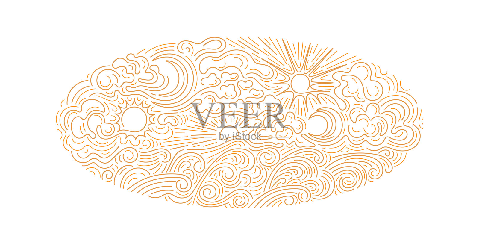 太阳、月亮、云彩 高浪、风暴 线条艺术符号插画图片素材