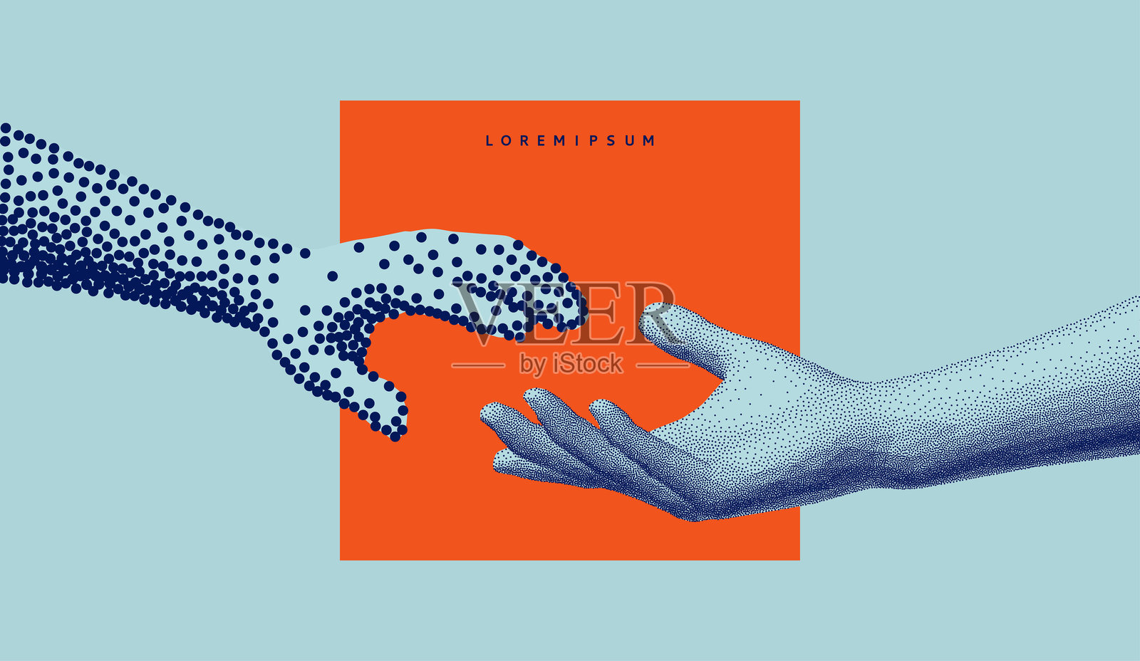 粗糙与细腻风格的人手相互伸出。人际关系、团结或合作的概念。带有点描效果的模型。适用于横幅、封面或宣传册的3D矢量插图。插画图片素材