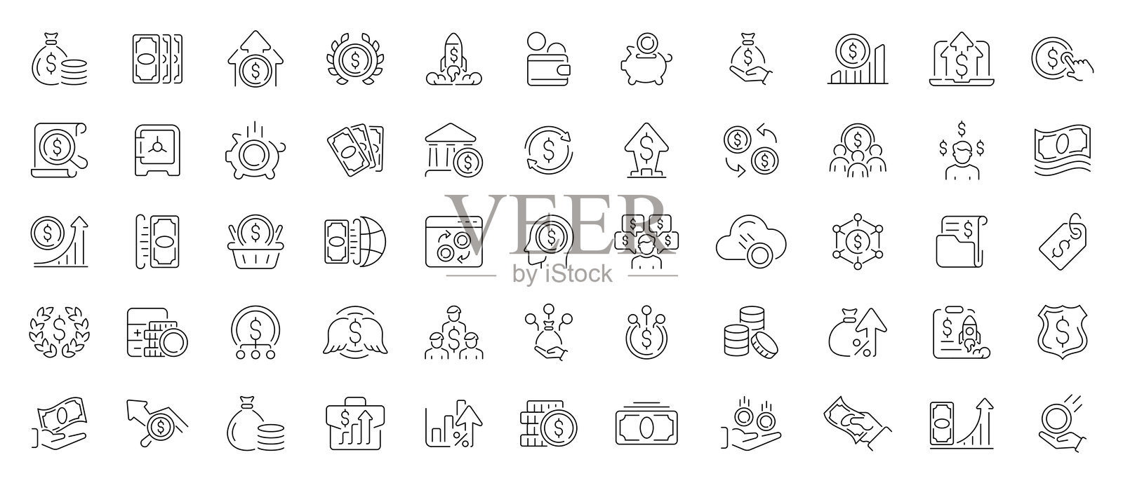 金融银行轮廓货币矢量图标集。金融和银行图标插画图片素材