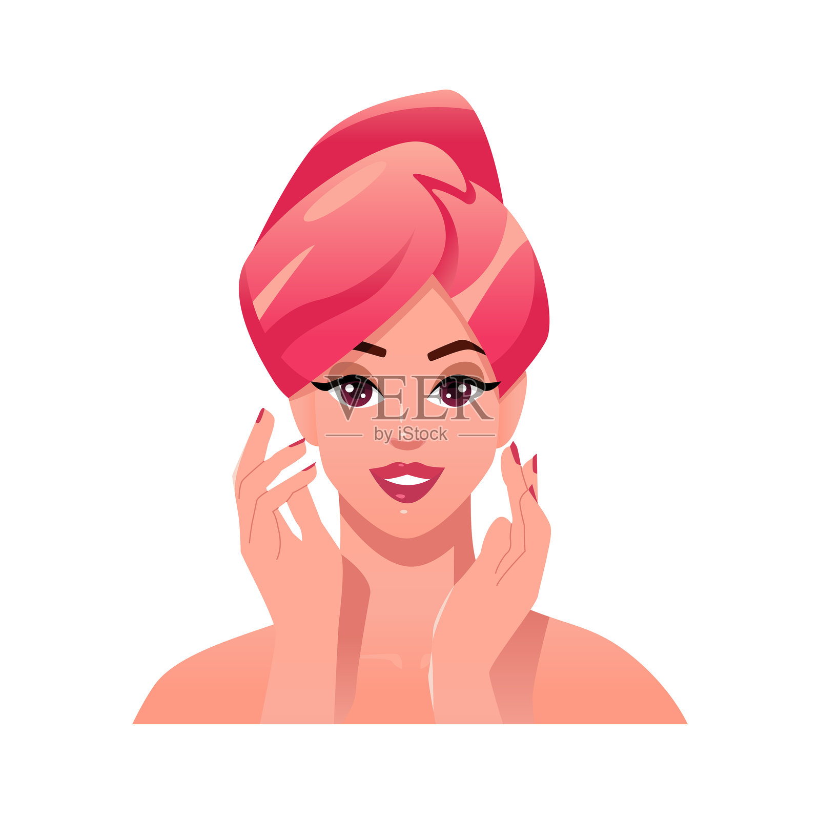 美丽的年轻女性在美容仪式中涂抹面霜。在家进行自我护理。女性卡通角色。矢量面部插图。插画图片素材