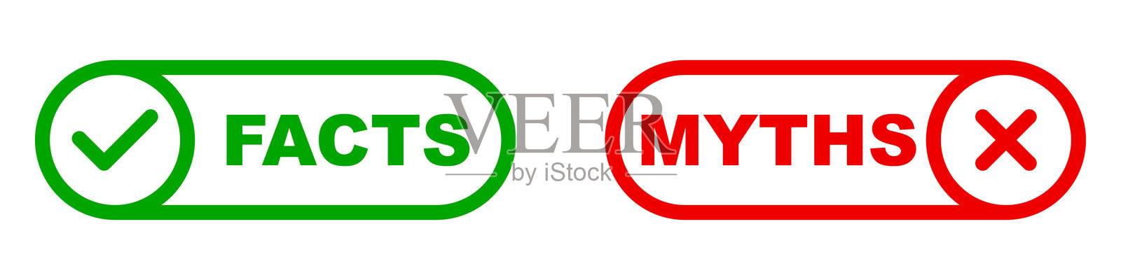 事实与神话。真与假。对与错。正确的用勾号表示，错误的用叉号表示。比较数据与信念。明确的区分。插画图片素材