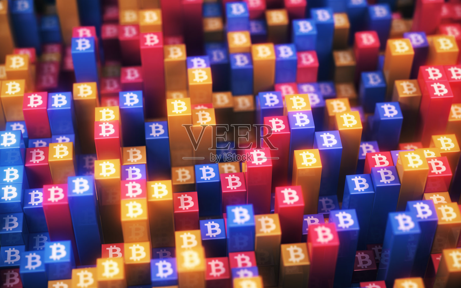 带有比特币符号的抽象背景，红色、蓝色和黄色方块交错排列照片摄影图片