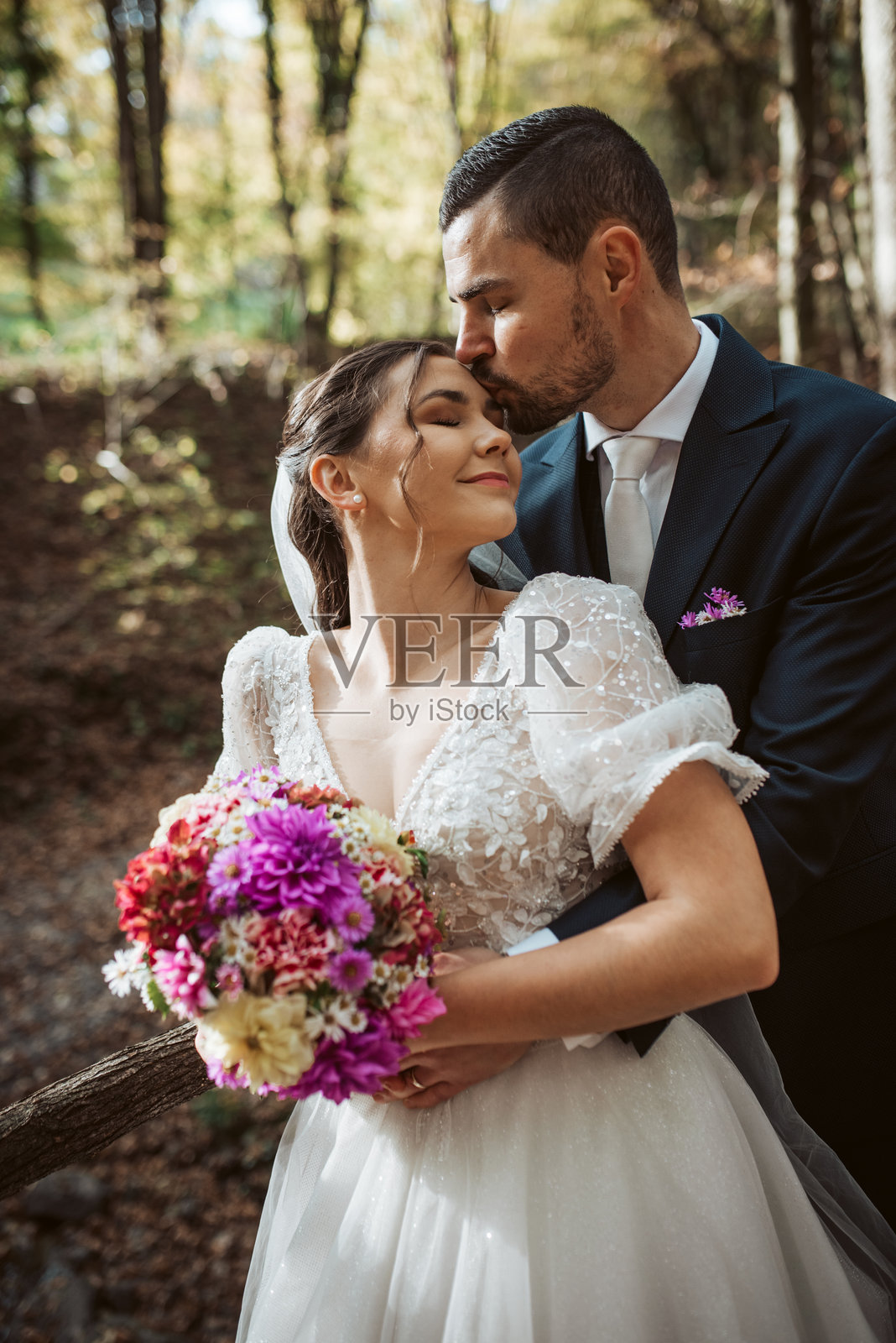 美丽的新娘和优雅的新郎在大自然中，环绕在森林之中。照片摄影图片