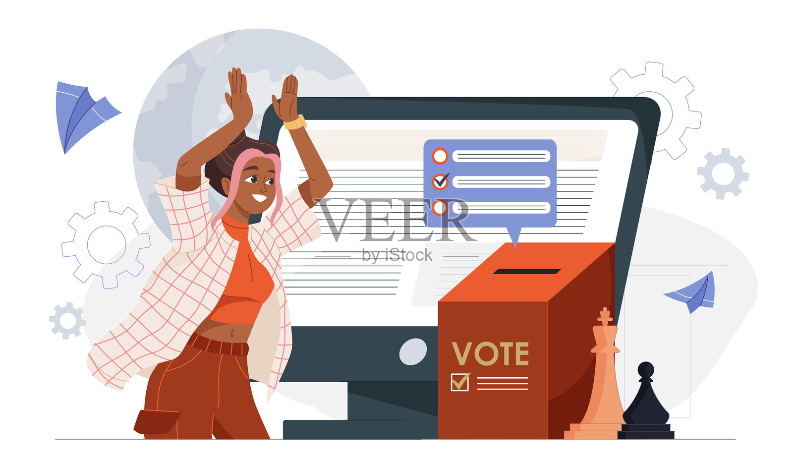 兴奋的女性在线投票。矢量插图插画图片素材