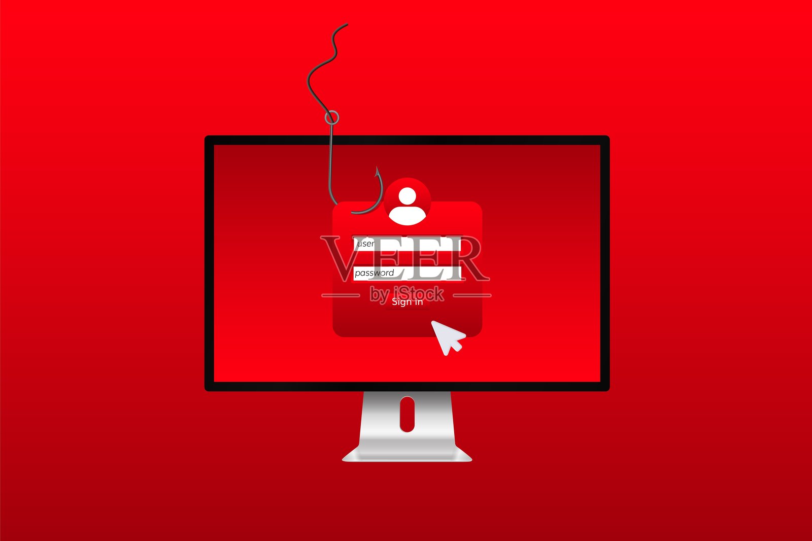 计算机屏幕显示钓鱼概念，包含密码登录和钩子符号插画图片素材