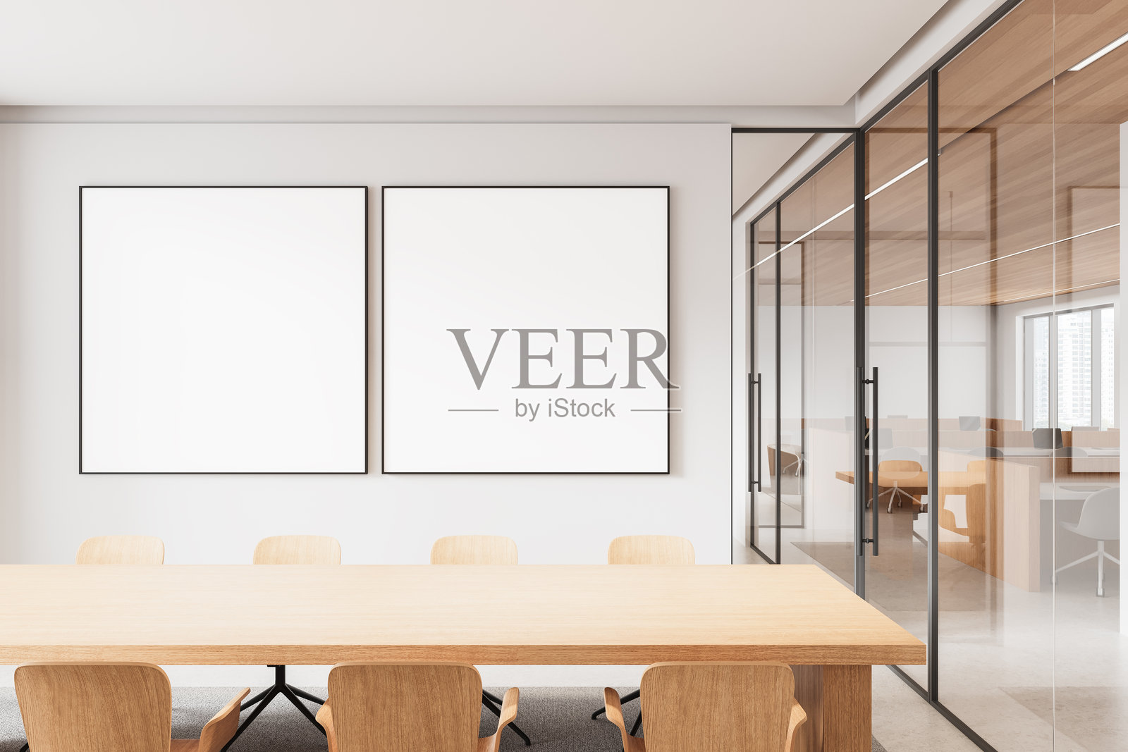 办公室会议室墙上的空白框架海报。3D渲染照片摄影图片