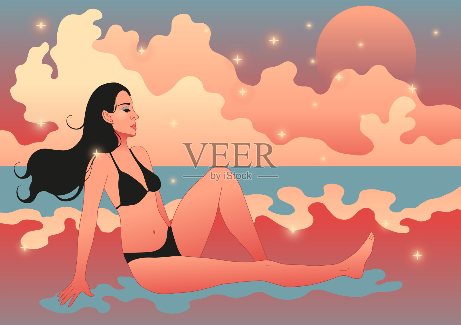 夏夜，女人在海边放松插画图片素材